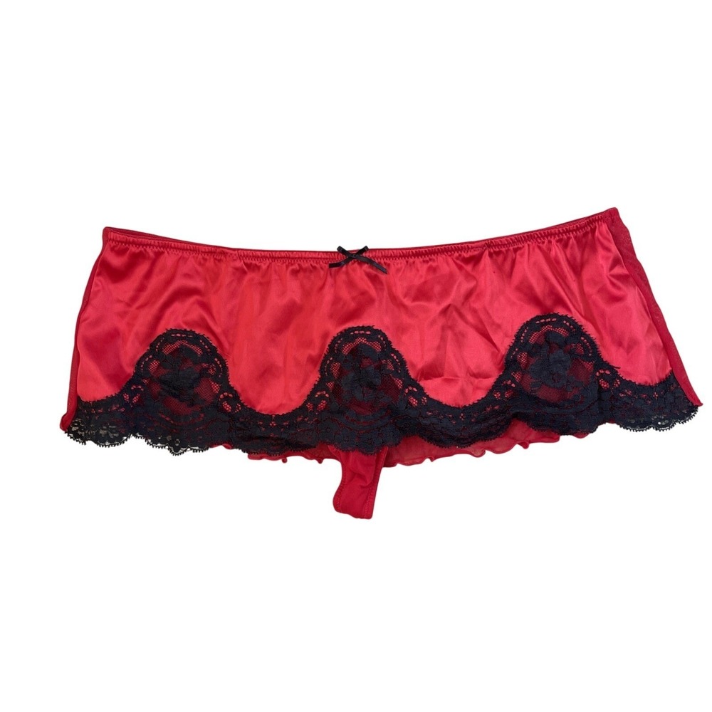 Vtg JOE BOXER XL Red Black SATIN Thong PANTIES Skirt Lingerie Sexy Lace Sheer